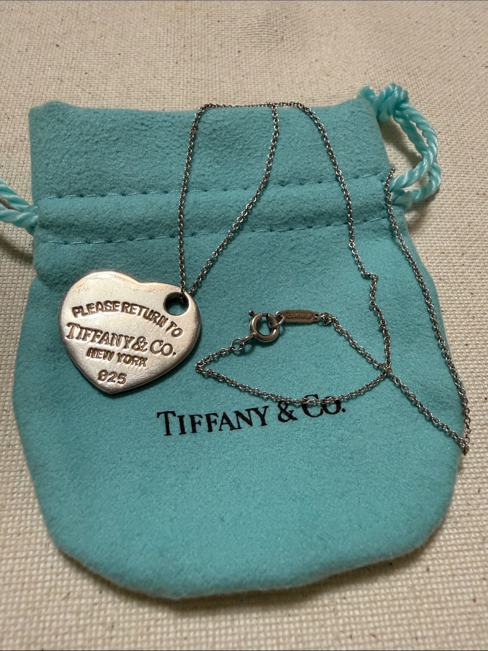 Please Return To Tiffany&Co. Sterling Silver 925 Heart Tag Necklace 16’ W/Pouch